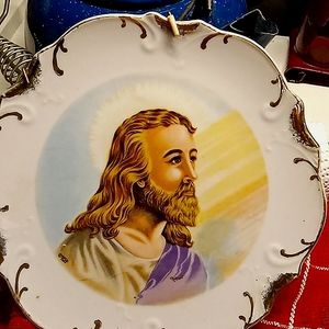 Antique  Jesus plate, etched in 18k gold trim,